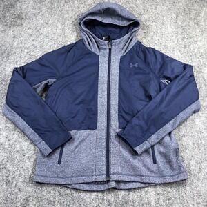 Under Armour Jacket Womens L Blue Gray ColdGear Hooded Fleece Full Zip Windbreak